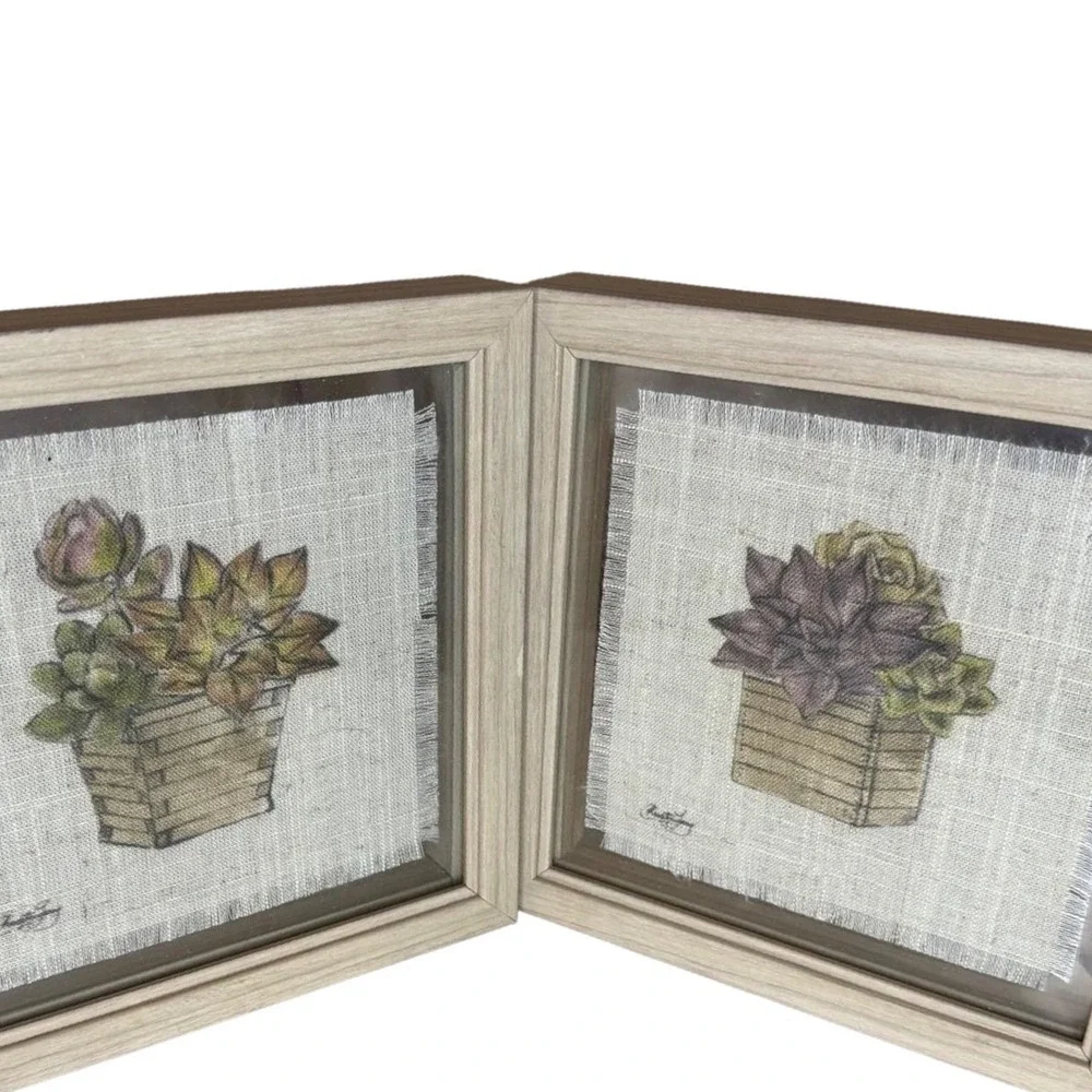 Set of 2 Succulent Botanical Linen Prints in‎ Wood Shadow Box Frames 8x8